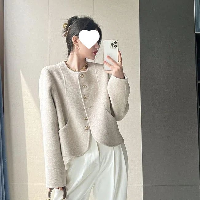 小香风外套女新款圆领单排扣双面呢子大衣女设计感小个子呢子上衣|undefined