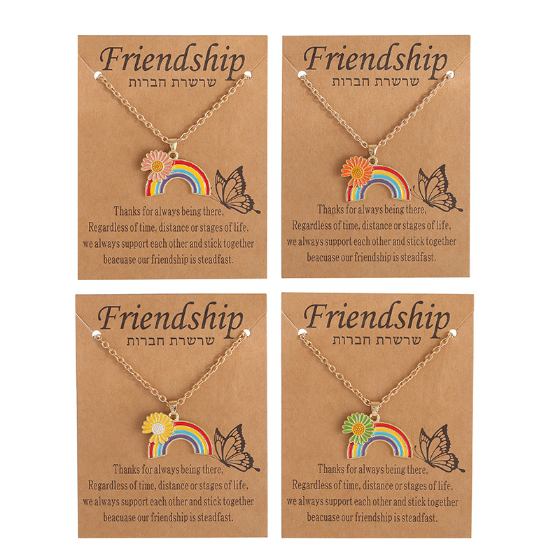 跨境新款可爱彩虹雏菊吊坠项链女 彩虹爱心金色链条时尚项链饰品