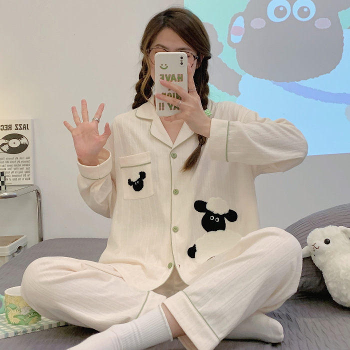 Japón ins pijama de dibujos animados mujeres peinado jacquard algodón otoño invierno manga larga adorable chica dulce conjunto de ropa de casa
