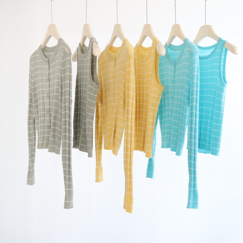 Korean-Style Striped Color-Block Long-Sleeve Knitwear Two-Piece Set for Women, New Spring Model: Sleeveless Vest + Long-Sleeve Cardigan Set