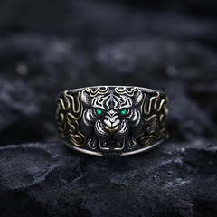 Tiger King Ring with Tiger Head, Adjustable Open Ring, Tibetan Silver Vintage Rustic Personality Accessory