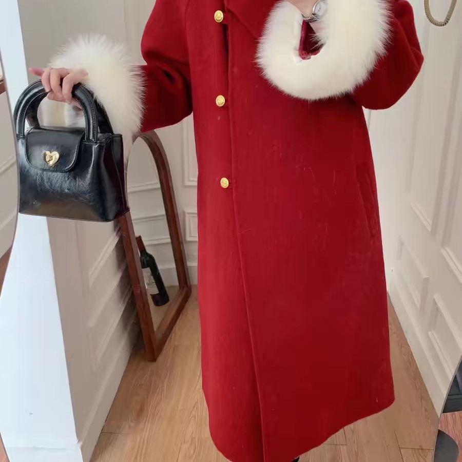 富家千金双面大衣女狐狸毛中长款小香风羊毛呢外套圣诞甜美