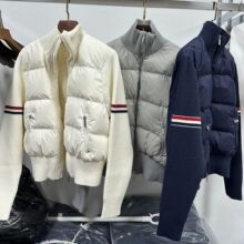 tb新款学院风彩色袖杠织带针织拼接立领短款白鸭绒羽绒服休闲外套