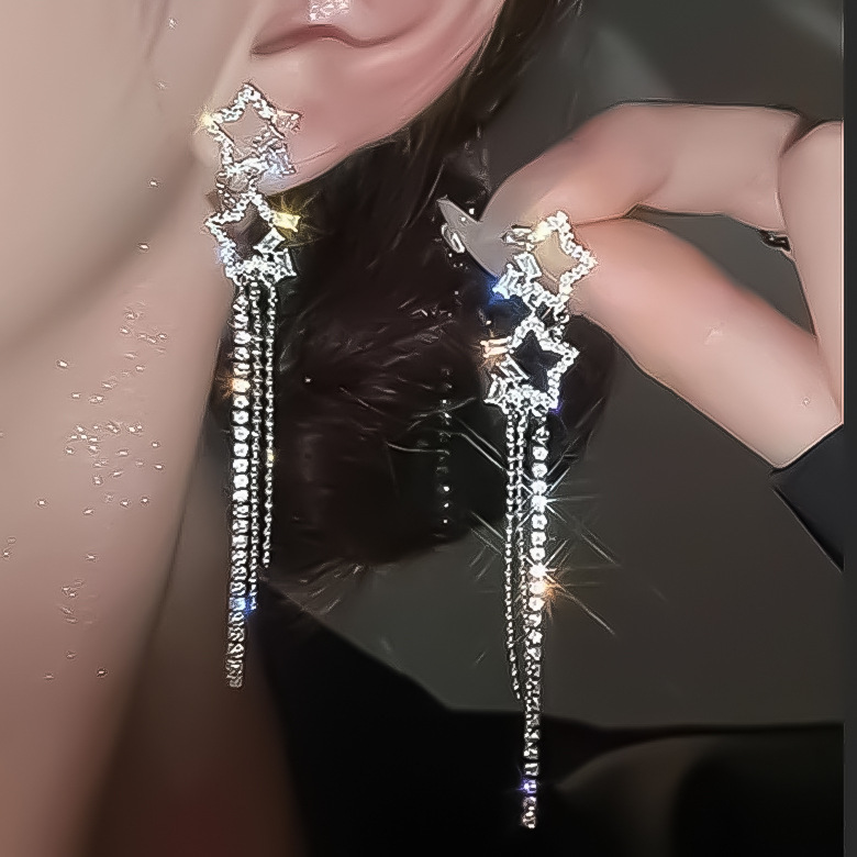 韩式精美镶钻超闪镂空五角星链条流苏耳环创意设计感独特百搭耳坠