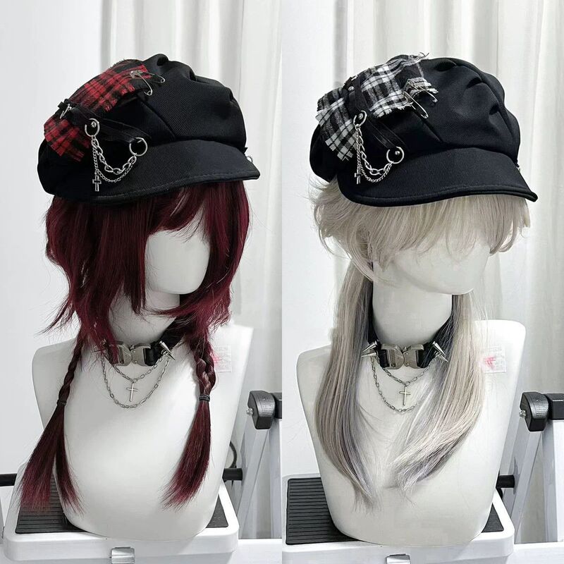 original y2k subculture punk millennial hot chick cross neutral dark plaid beret cloud cap soft brim