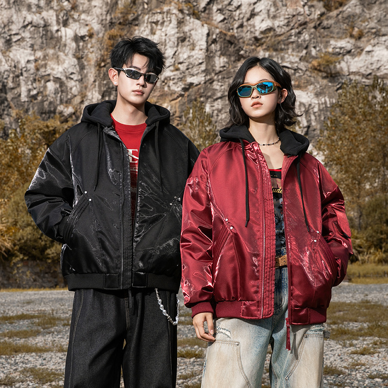 Trendy American High Street Liquid Metal Glossy Removable Hooded down Jacket for Men and Women Winter 90 Duck down Jacket