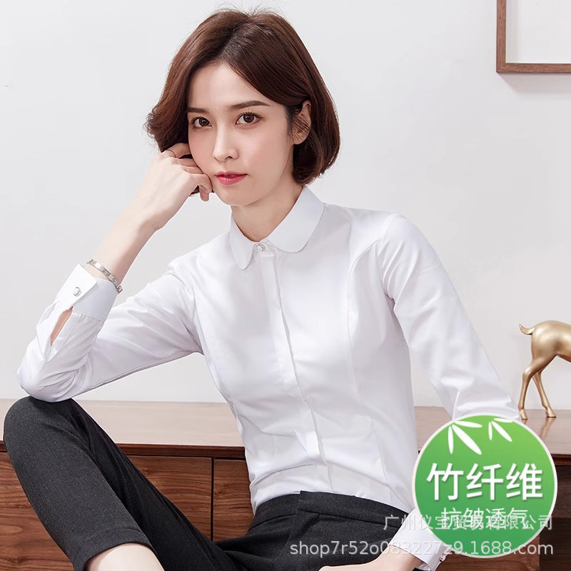 2025 Spring New Versatile Doll Collar Slightly Stretchy White Shirt Women's Long Sleeve Student Basic Base Shirt