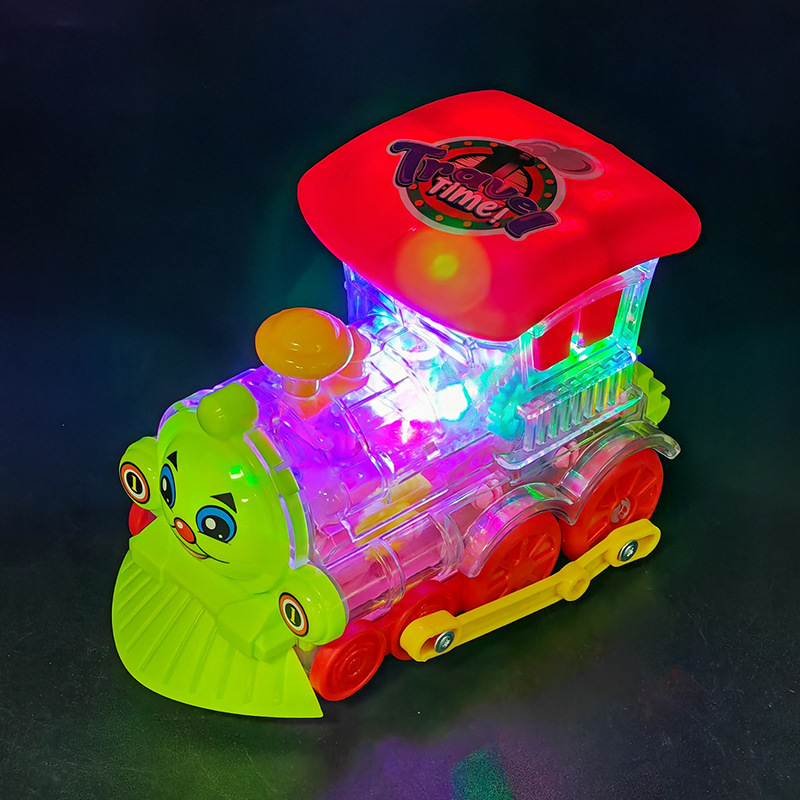 Transfronterizos niños tren de engranajes eléctricos juguetes de música iluminación universal caminando tren eléctrico pequeño puesto mayorista