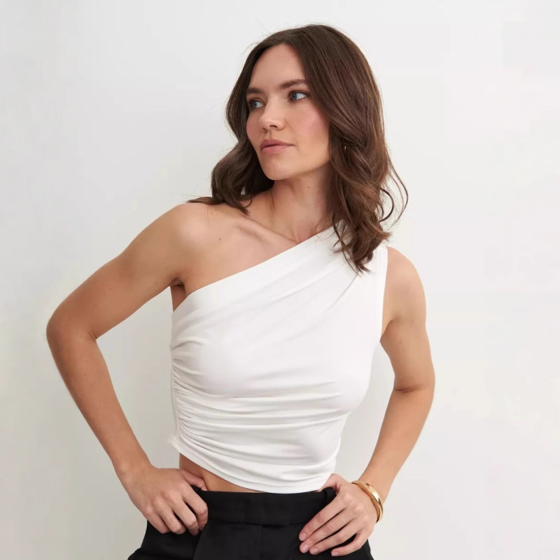 Cross-Border Summer Amazon Hot Girl New Slanted Shoulder Solid Color Navel Exposed Solid Color Pleated Temperament Casual Simple Vest