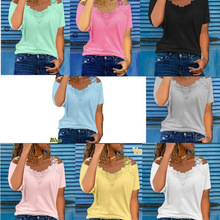 欧码女装  wish亚马逊欧美V领拼接短袖蕾丝花边镂空休闲宽松T恤