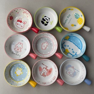 Creative Handle Bowl Cartoon Ceramic Baking Bowl Handle Bowl Single-handle Pot Underglaze Color Household Internet Red Face Bowl with Handle