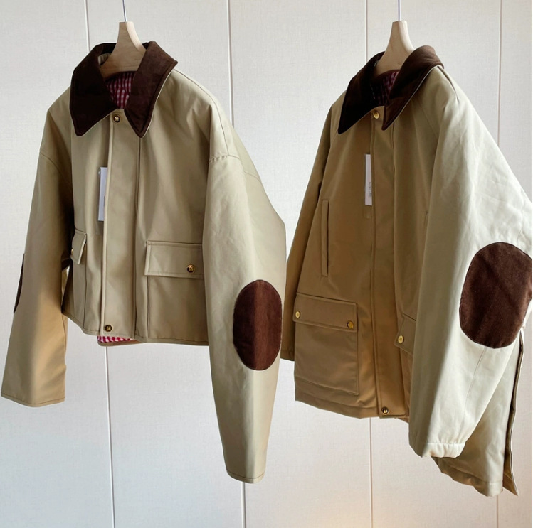 in stock British Style plus size Vintage Lar Jacket Elbow Corduroy Patchwork Down Jacket in stock British Style plus size Vintage Lar Jacket Elbow Corduroy Patchwork Down Jacket