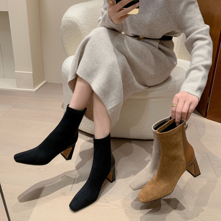 Korean style small ankle boots small square toe leg trimming thin boots 2023 autumn and winter New thick high heel suede stitching elastic ankle boots