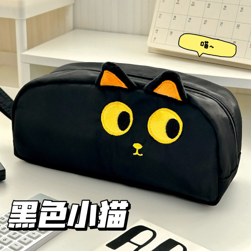 手提刺绣卡皮巴拉笔袋学生小黑猫手提大容量笔袋简约铅笔盒文具|undefined