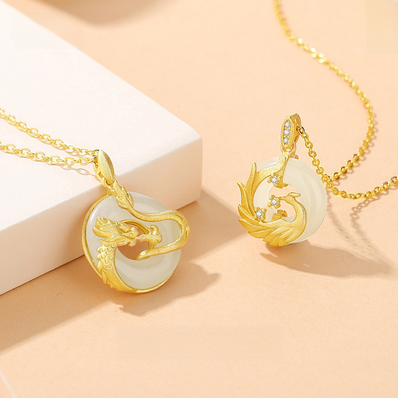 National fashion 925 sterling silver dragon and phoenix peace buckle couple necklace men and women original retro National style pendant clavicle chain jewelry