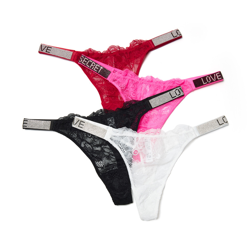 Europa y los Estados Unidos wish diamante letras sexy encaje thongs mujeres super delgada perspectiva caliente thongs damas