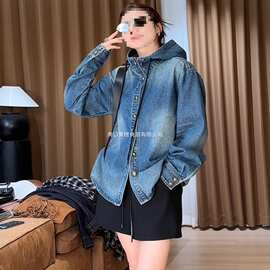 欧货蓝色立领抽绳连帽衫牛仔外套女秋款小众设计简约百搭上衣