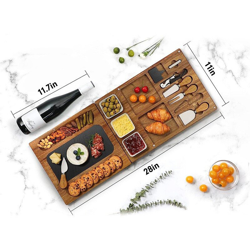 Paleta de madera transfronteriza Plato de comedor rectangular con conjunto de cuchillos Plato de madera de pizarra de cerámica de doble capa de almacenamiento conjunto de tablero de queso