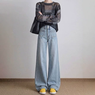 慵懒风浅色阔腿牛仔裤女2026秋季新款梨型大码高腰显瘦垂感拖地裤