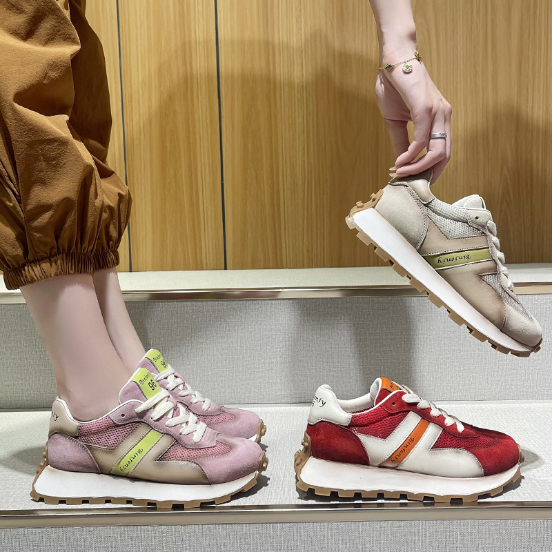 Korean Style 2023 Summer New ins Colorblock Forrest Gump Shoes Women's Cowhide Thick-soled Mesh Popular Same Style Trendy Shoes