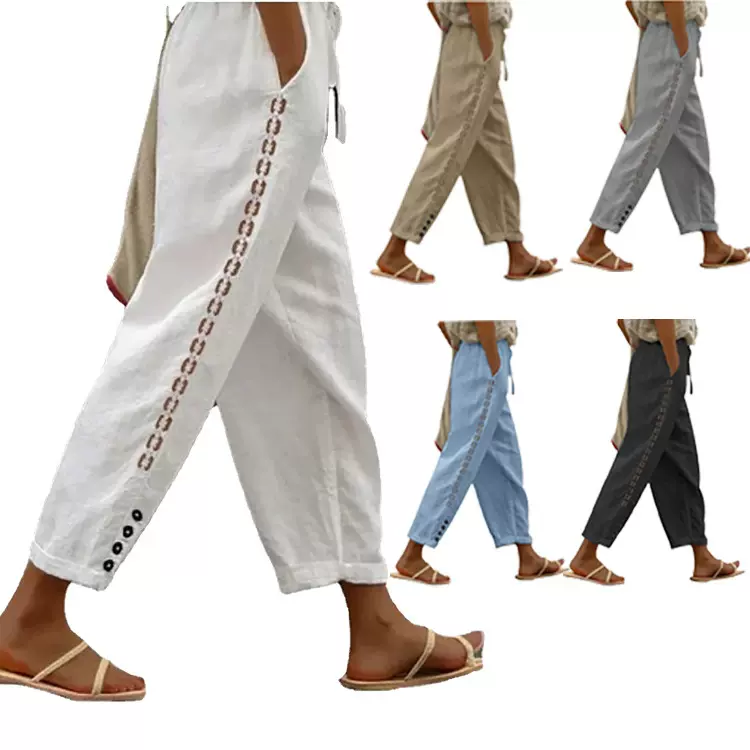 现货跨境女装休闲裤2024新款夏季棉麻裤子直筒裤拼接纯色九分长裤