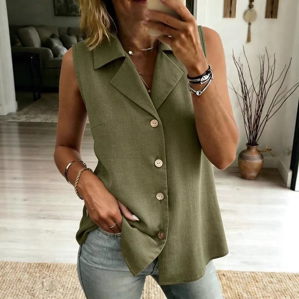 Ropa de mujer: Top sin mangas de color liso, corte holgado, ideal para el verano, tanto para ocasiones formales como informales._voghion.com