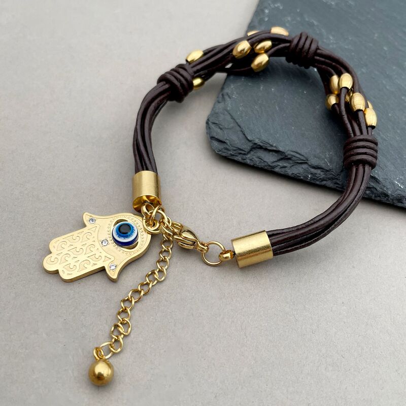 Amazon Cross-border Creative Leather Rope Gold Bead Metal Buckle Bracelet hamsa Fatima Palm Devil's Eye Jewelry