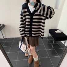 外贸跨境时尚拼接牛仔针织毛衣开衫女秋冬新款撞色条纹V领外套女