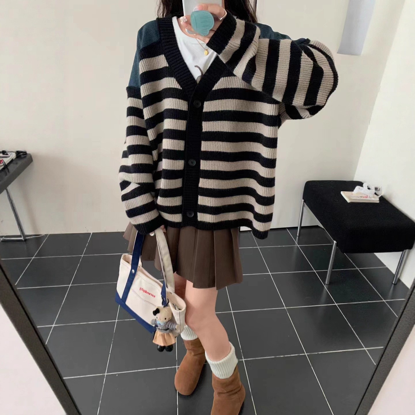 外贸跨境时尚拼接牛仔针织毛衣开衫女秋冬新款撞色条纹V领外套女