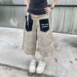 大码美式街头水洗豹纹拼接牛仔七分裤女2026新款宽松显瘦阔腿中裤