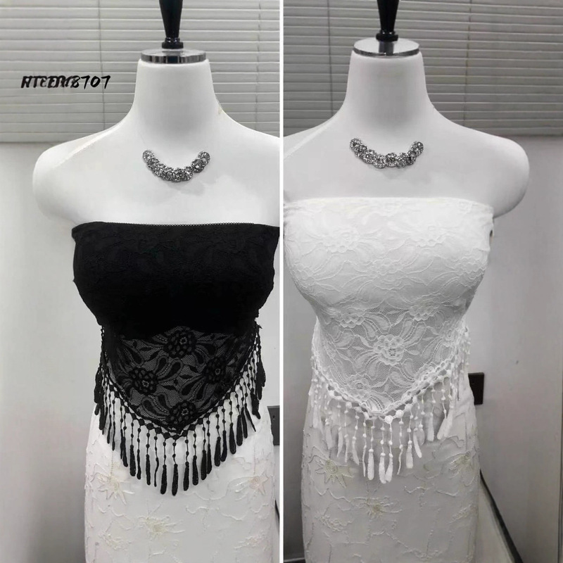 White Sexy Lace Slightly See-Through Tassel Camisole for Women, New Summer Style Off-Shoulder High-End Versatile Tube Top