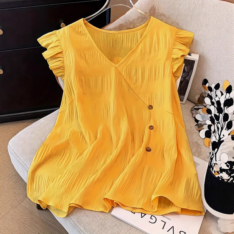 2025 European and American Cross-Border Export Summer Pure Color V Neck Button Lace Loose Casual Fashion Top