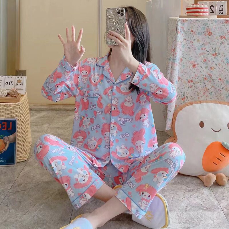 メーカー卸売春と秋の女性用パジャマ漫画ホーム服女の子長袖ズボンラペル在庫ありかわいいダブルロング|undefined