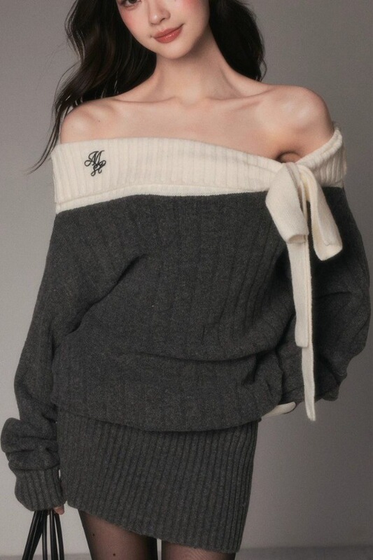 Gray One-Shoulder Bow Thick Dress Women's Autumn and Winter Atmosphere Knitted Long-Sleeved Sweater Trendy