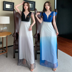 夜場工作服足浴SPA按摩洗浴水療技師服網紗圓領低胸長款連衣裙