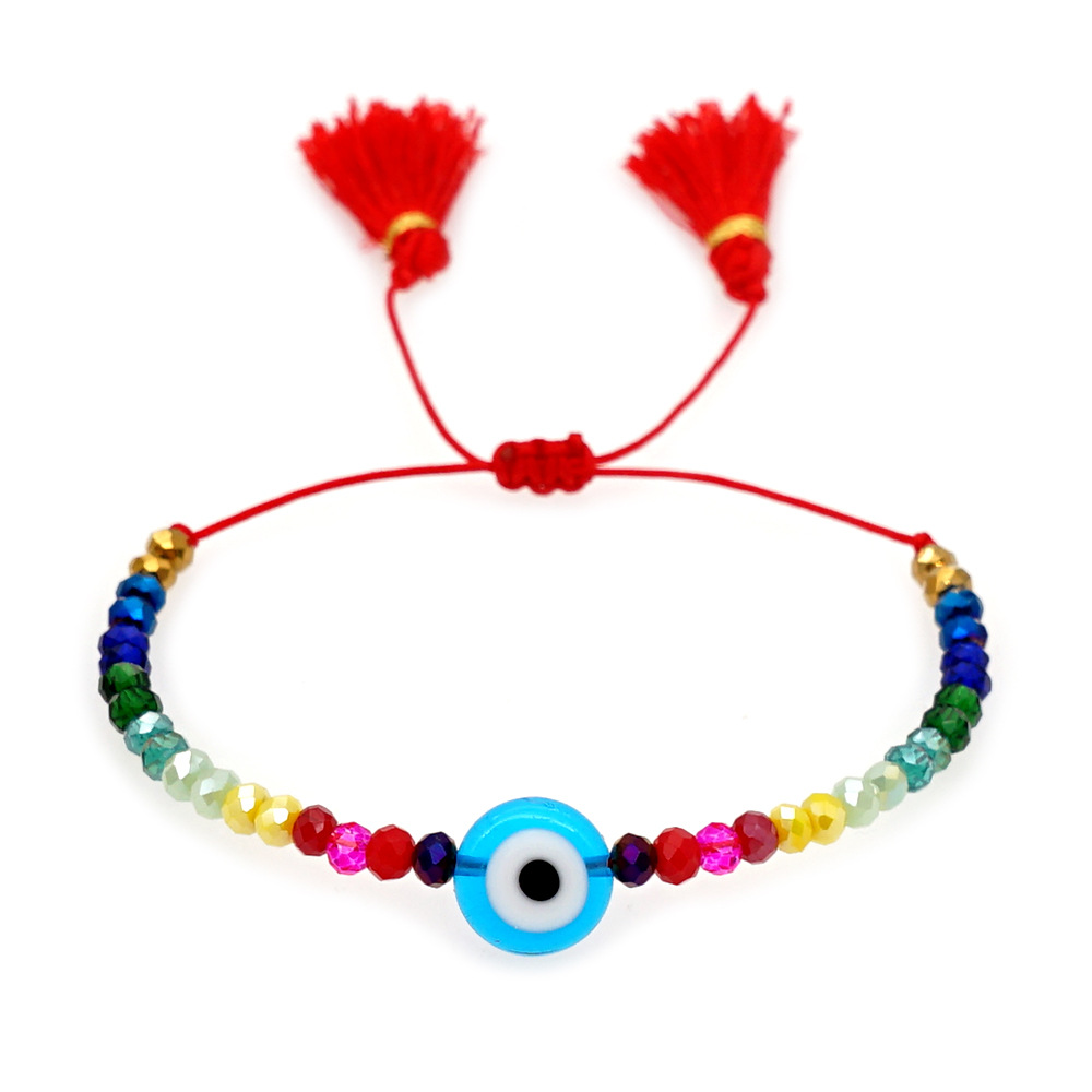 Simple bohemian ethnic style colored glaze blue eye beads rainbow crystal beaded tassel couple small braceletpicture4