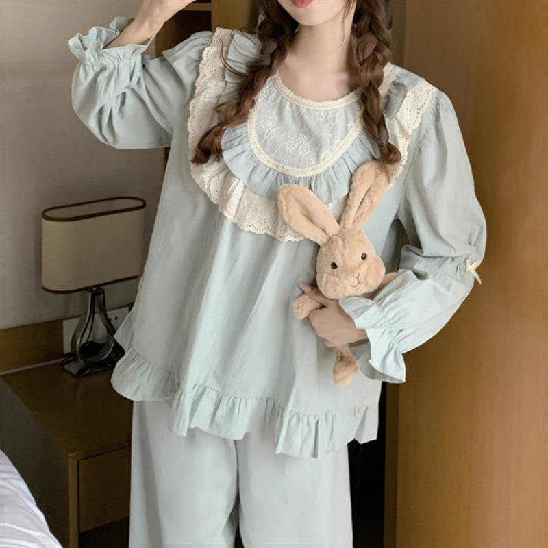 Estilo coreano cómodo estilo Palacio dulce princesa de encaje con volantes otoño homewear traje camisón