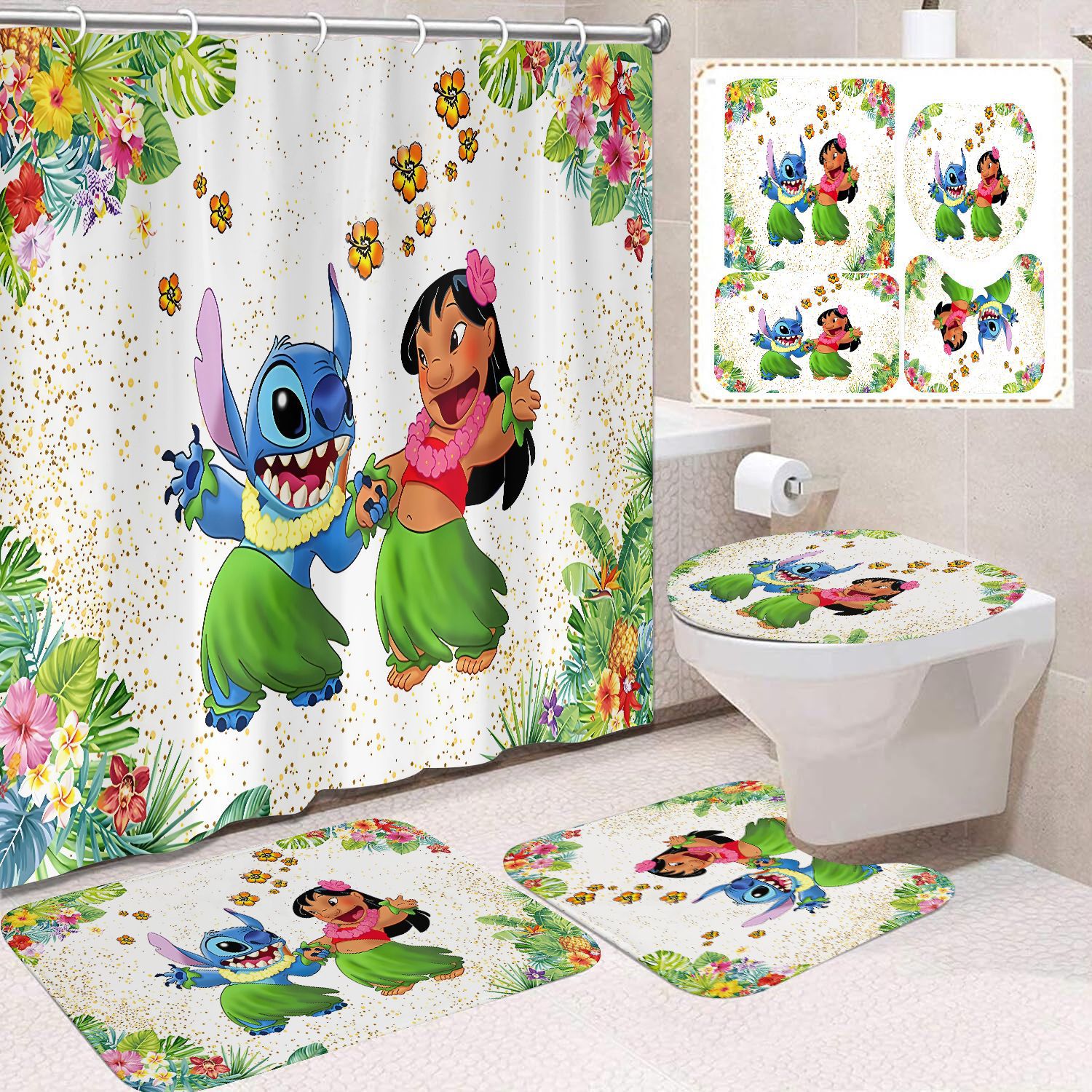 Venta directa de fábrica lindo baño de dibujos animados de cuatro piezas cortina de ducha impermeable cortina de ducha sin perforación cortina de partición de baño de baño