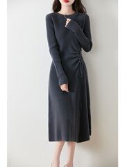 秋冬气质中长款连衣裙女显瘦100%纯羊毛针织裙打底收腰抽绳毛衣裙