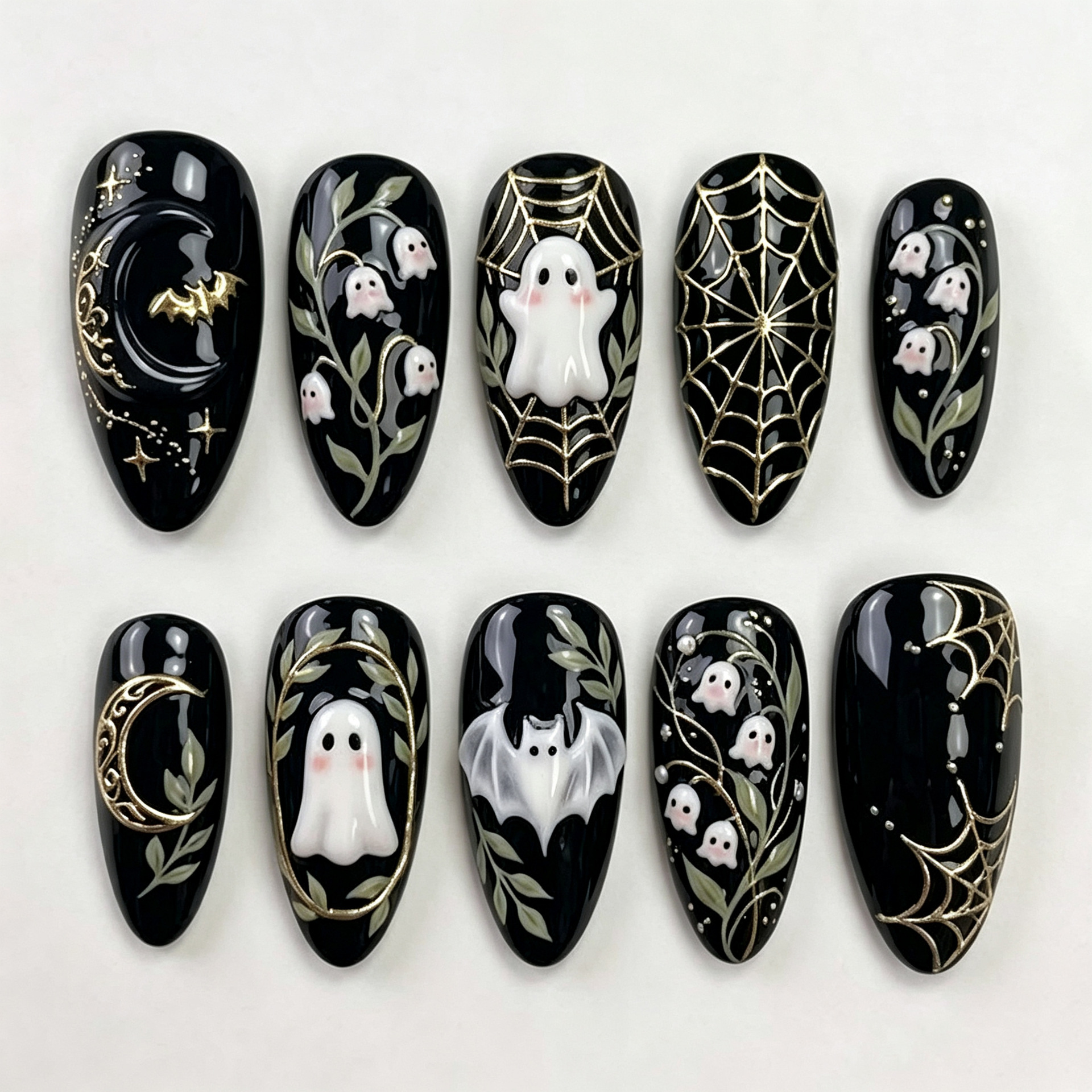 30 pieces of cross-border Halloween-themed dark 3D sweet ghost almond-shaped press-on nails with gold spiderweb design