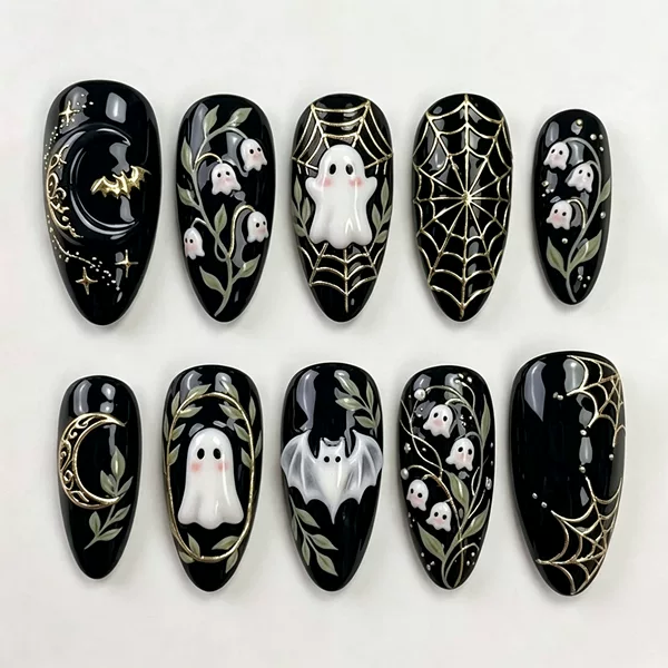 30 pieces of cross-border Halloween-themed dark 3D sweet ghost almond-shaped press-on nails with gold spiderweb design