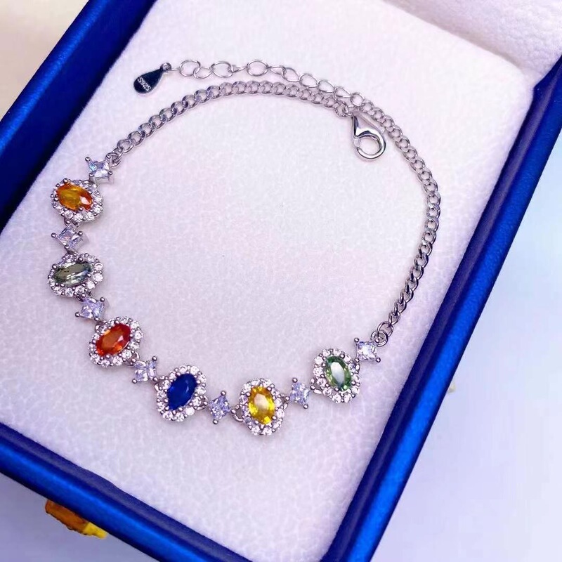 Natural color blue treasure bracelet carefully rainbow with crystal transparent GB S925 silver Seiko inlay factory wholesale