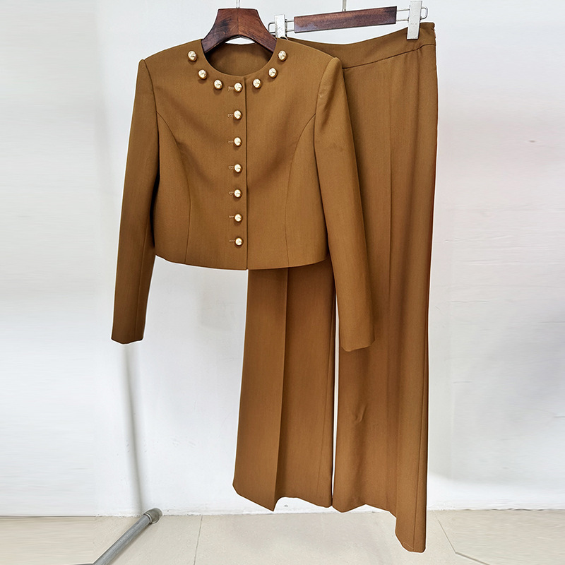 High Street Fashion 2026 Designer Socialite Round Neck Simple Button-Decorated Short Jacket Long Suit Two-Piece Set High Street Fashion 2026 Designer Socialite Round Neck Simple Button-Decorated Short Jacket Long Suit Two-Piece Set