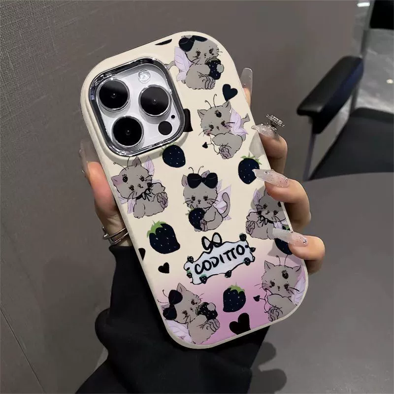 Чехол для телефона, совместим с Apple, клубничный дизайн, с котом, для iPhone 16, 16 Pro Max, 12