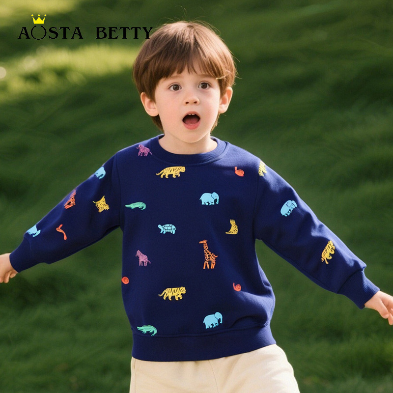 European and American style cartoon print boys' sweatshirt, knitted cotton round neck children's base layer shirt, 2026 new cross-border children's clothing sweatshirt