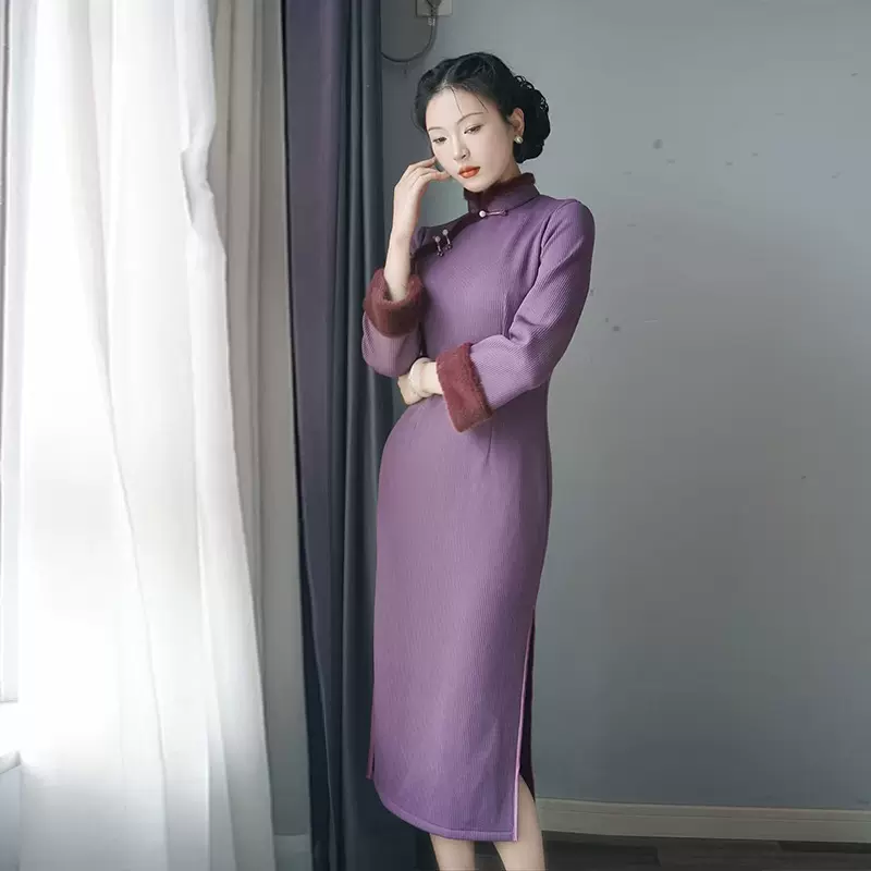 旗袍秋冬新款日常穿改良气质年轻款女国风新中式加绒加厚长款紫色
