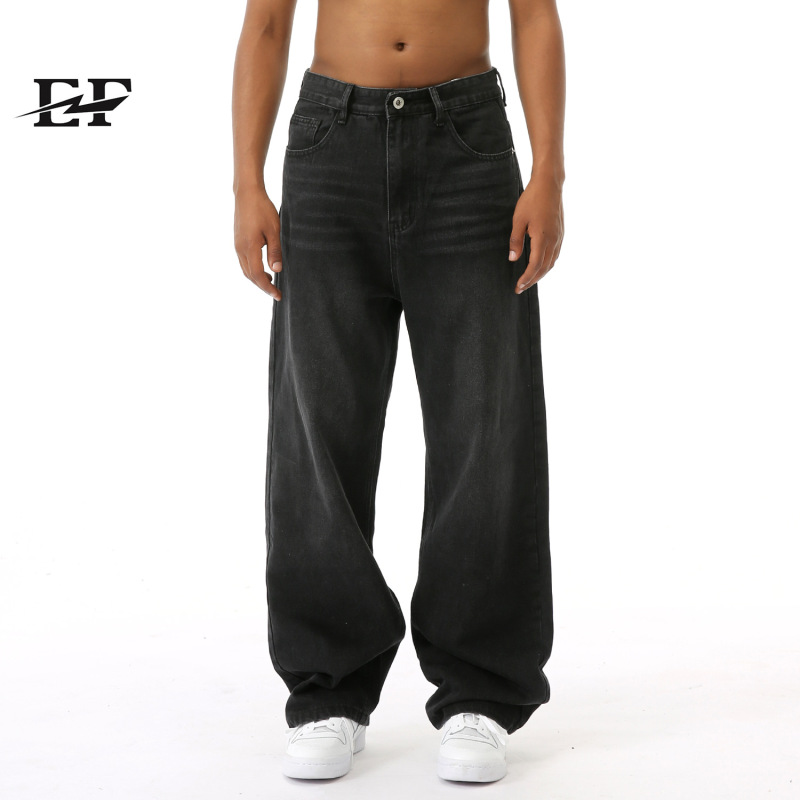 Ef Jeans |   American Style Retro Distressed Black and Gray Simple Loose Wide Leg Jeans for Men and Women