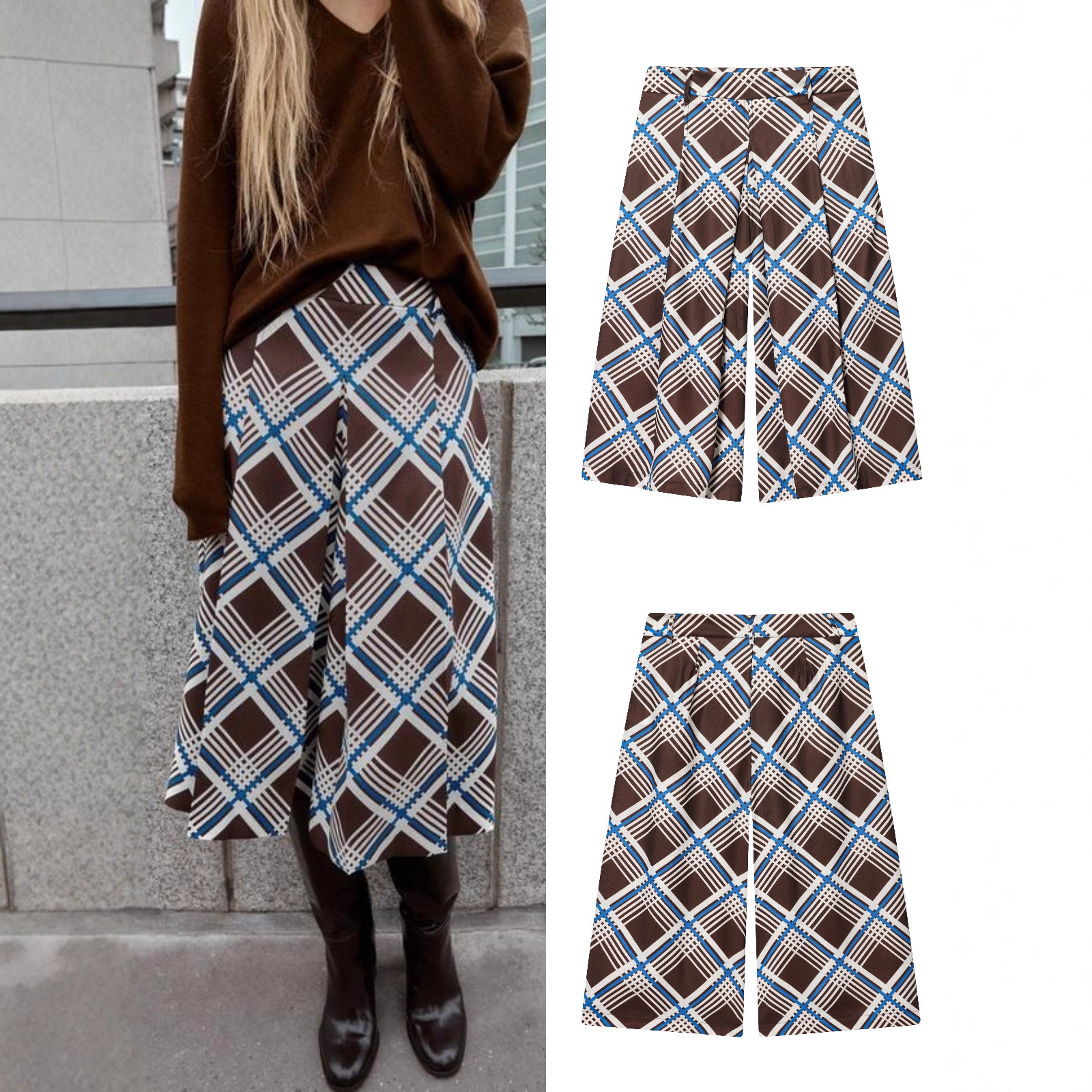 za外贸跨境爆款欧美风女装百搭夏季时尚格子长款休闲短裤