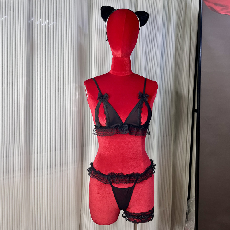 FQ2940 lace bow pleated three-point bra underwear leg loop cat ears cute suit desire