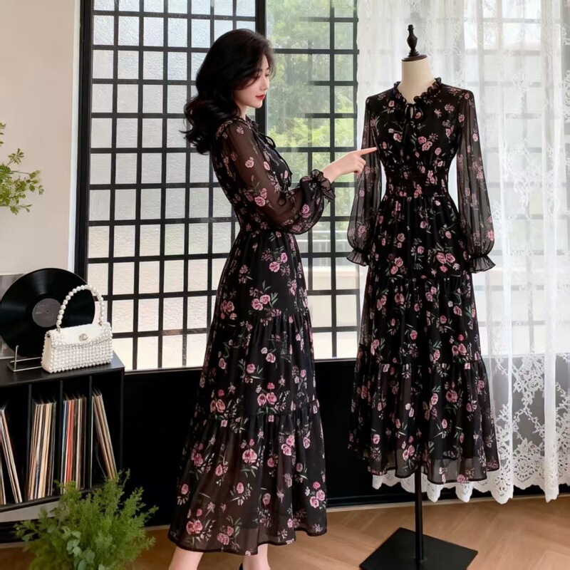 European and American Style Hong Kong Chic Korean Floral Ruffle Dress, Vacation Style Sweet Waist-Cinching Long Dress European and American Style Hong Kong Chic Korean Floral Ruffle Dress, Vacation Style Sweet Waist-Cinching Long Dress